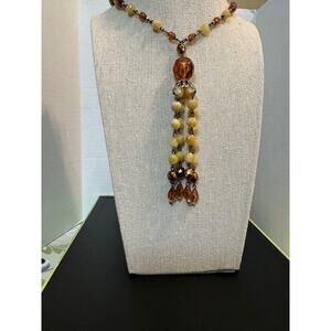 Avon Vintage Long Necklace with Natural Tan, Copper, and Brown Beads & Tassel